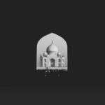 Black and white photo of the Taj Mahal framed by a dark archway, highlighting its beauty.